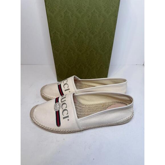 Gucci GG Logo Canvas Espadrilles Beige Green Red Stripe Men EU 42 New Box - Picture 2 of 6